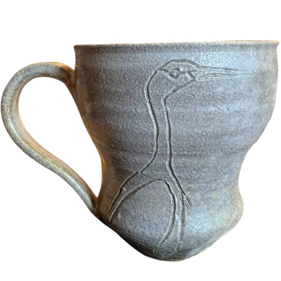 Pair of Handcrafted Pottery Mugs w Etched Cranes Anne Meyer - Picture 10 of 13